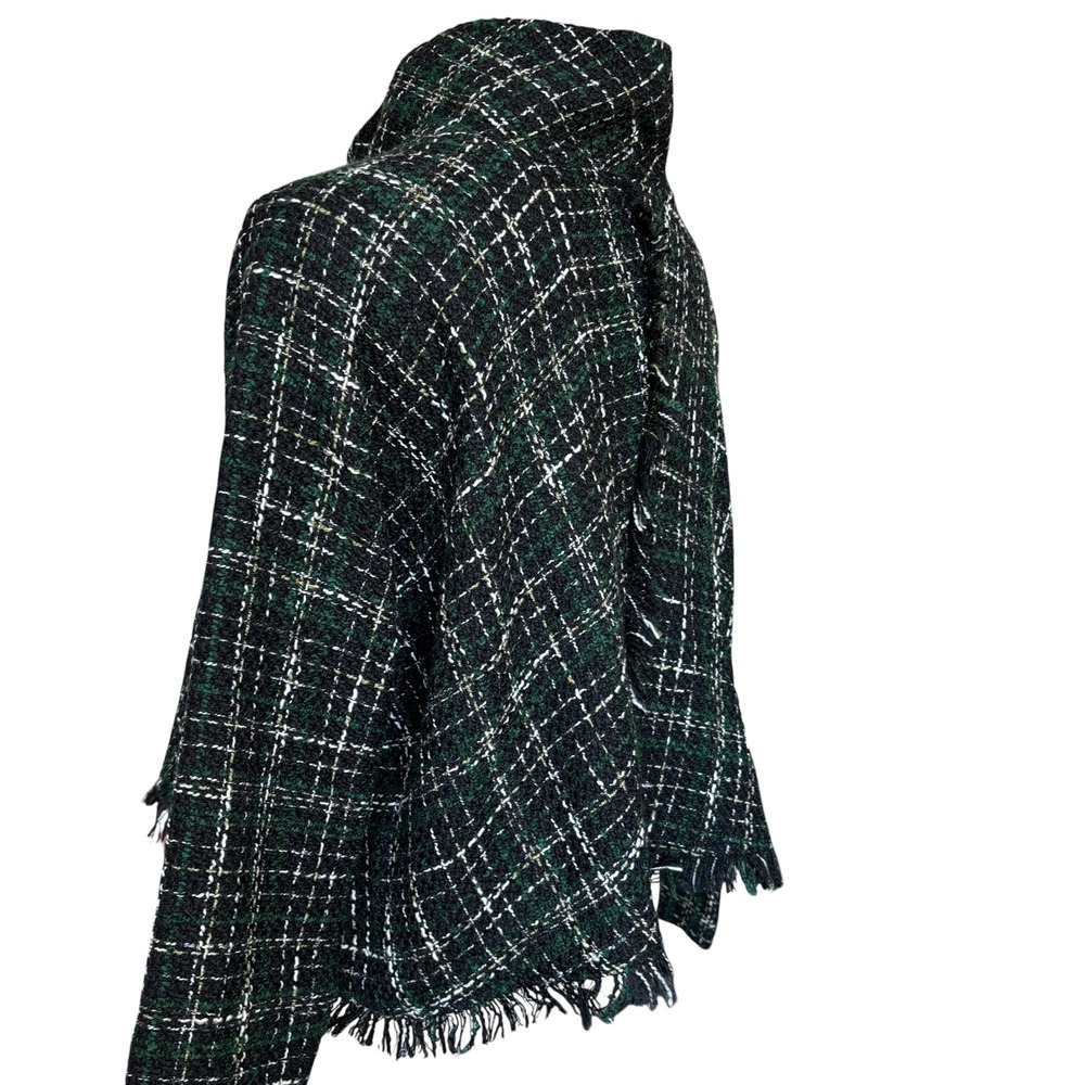 Zara Black Green Plaid Tweed Cropped Sweater Top Fringe Sz M - Picture 5 of 10